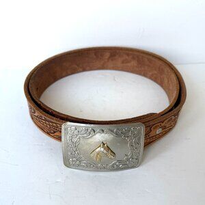 Vintage K-MART Mens Leather Belt Horse Head Buckle Western Equestrian Size 42